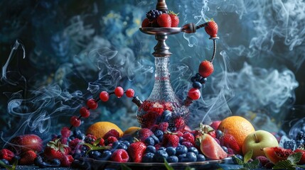 fruit hookah fruits on a dark background - obrazy, fototapety, plakaty