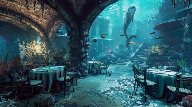 Enchanting underwater city banquet with mermaids and mystical sea creatures