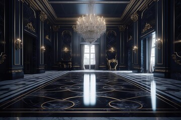 Baroque Black Marble Room with Chandelier