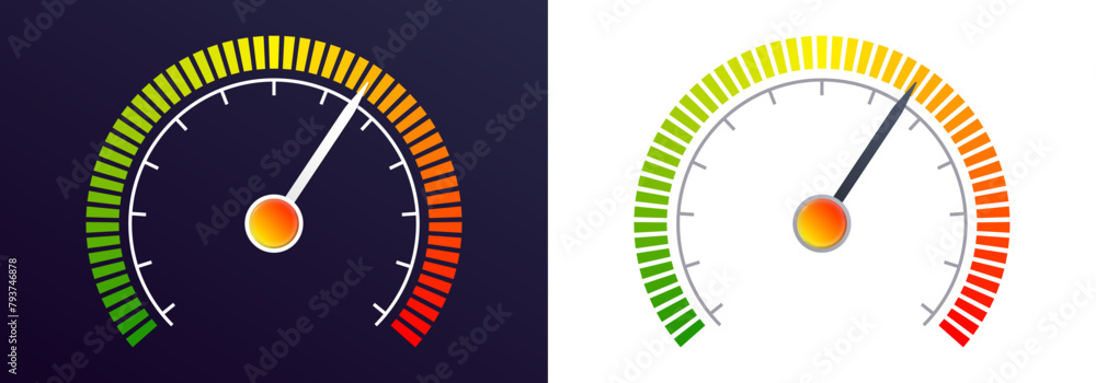 Poster speedometer icon. gauge, speed meter, risk indicator with arrow and colorful scale. infographic dash