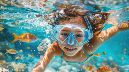 Fototapeta premium girl in a diving mask with a snorkel swims underwater, ocean, sea, marine, fish, water, woman, portrait, face, scuba, summer, sport, dive, vacation, blue water, world, head, coral reef, travel