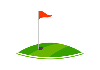 Golf icon or logo with flag on green grass and golf hole. Vector illustration.