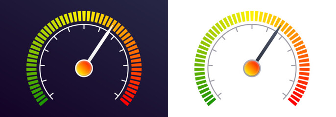 Speedometer icon. Gauge, speed meter, risk indicator with arrow and colorful scale. Infographic dashboard design element. Vector illustration.