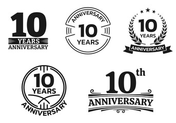 10 years icon or logo set. 10th anniversary celebrating sign or stamp. Jubilee, birthday celebration design element. Vector illustration.