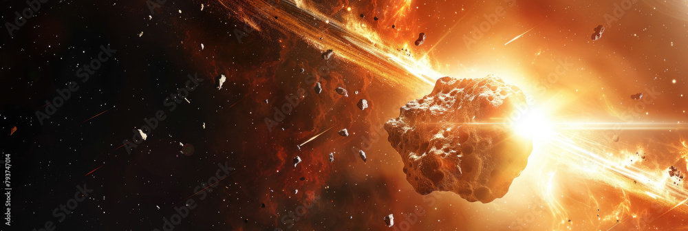 Poster a space scene featuring a large object prominently in the foreground against a backdrop of stars and
