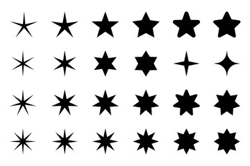 Star icons. Sparkles, shining burst. Star symbols star isolated on white background.  Stars of different shapes, a set of templates for greeting card, poster.