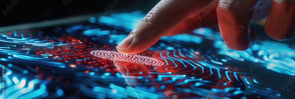 Poster a human finger is touching a fingerprint displayed on a computer screen, indicating biometric authen