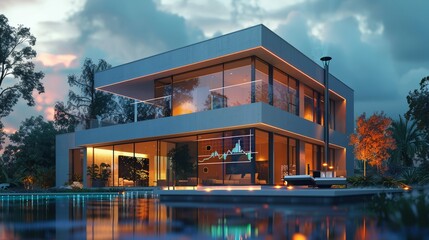 Modern minimalist house at dusk with digital stock market graph overlay in the backdrop suggesting financial analysis
