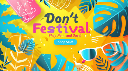 A cheerful sunny yellow background with "Don't Miss Out Festival Sale! Shop Now and Save" in bold.