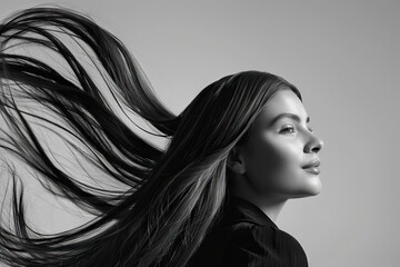 Monochromatic Beauty Shot of a Woman with Flowing Hair in Elegant Movement