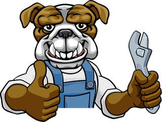 A bulldog cartoon animal mascot plumber, mechanic or handyman builder construction maintenance contractor peeking around a sign holding a spanner or wrench and giving a thumbs up