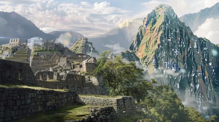 Stunning early morning view of Machu Picchu with glowing lights and mist - obrazy, fototapety, plakaty