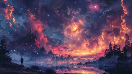 Surreal cosmic landscape with vibrant nebula, person observing stars