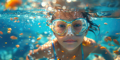 girl in a diving mask with a snorkel swims underwater, ocean, sea, marine, fish, water, woman, portrait, face, scuba, summer, sport, dive, vacation, blue water, world, head, coral reef, travel - obrazy, fototapety, plakaty