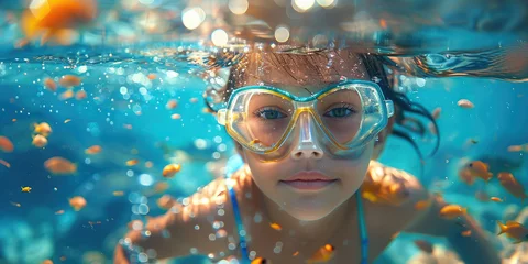 Fotobehang girl in a diving mask with a snorkel swims underwater, ocean, sea, marine, fish, water, woman, portrait, face, scuba, summer, sport, dive, vacation, blue water, world, head, coral reef, travel © Julia Zarubina