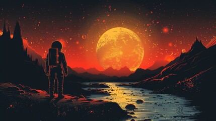 Astronaut overlooking a surreal extraterrestrial landscape under a giant moon