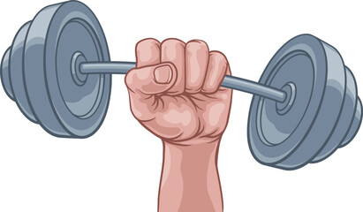 A weight lifting or weightlifting fist hand holding a heavy barbell or dumbbell concept.