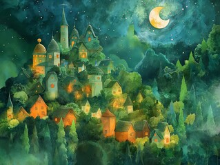Obraz premium A whimsical artwork depicting a vibrant fairy tale village nestled in lush hills under a starry night sky with a crescent moon.