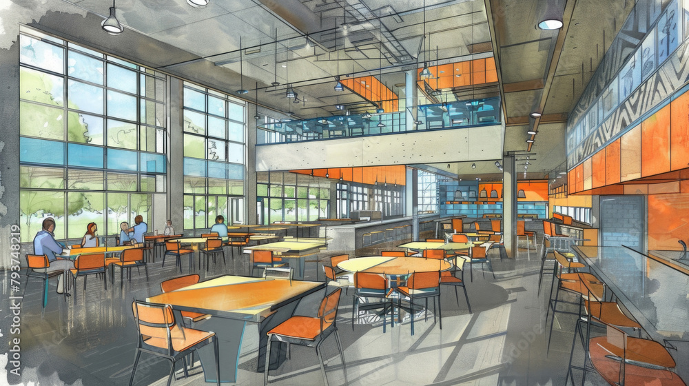 Poster a detailed drawing of a cafeteria setting with various tables and chairs arranged neatly in a space