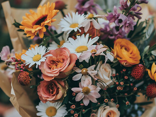 Vibrant bouquet of various flowers, freshly picked and displayed in a rustic, natural style setting.