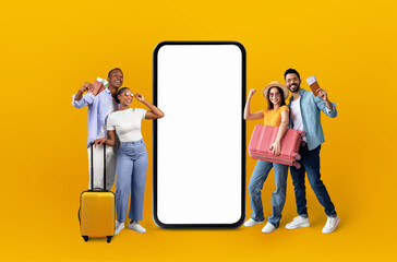 Traveling friends engaging with a phone mockup - obrazy, fototapety, plakaty