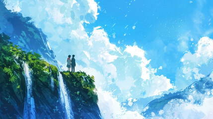 Two individuals are standing on a rocky cliff overlooking a majestic waterfall. The powerful water cascades down into a pool below as the two people observe the natural wonder