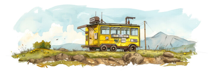 A drawing of a yellow bus parked in a green field under a clear blue sky, showcasing a simple and charming countryside scene