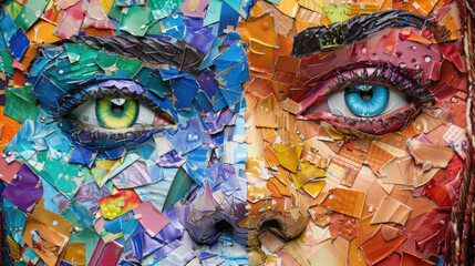 Detailed close-up of a human face meticulously created using colored paper, showing intricate craftsmanship and creativity