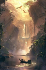 A painting depicting a group of individuals sailing in a boat along a river, capturing the lively activity and movement on the water