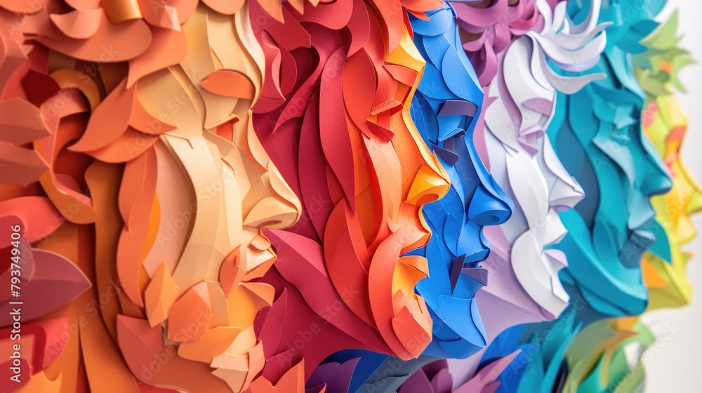 Poster various colored paper sheets are scattered haphazardly, creating a vibrant and dynamic composition