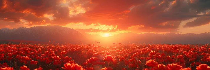 Foto op Aluminium Field of poppies at sunset. Beautiful background for a banner for Memorial Day or Independence Day © W.O.W