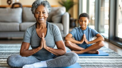 Senior black woman working out at home with kid together, elderly grandma doing sport exercises indoors with her grandson, AI generated image