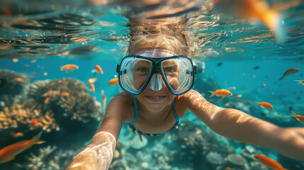 girl in a diving mask with a snorkel swims underwater, ocean, sea, marine, fish, water, woman, portrait, face, scuba, summer, sport, dive, vacation, blue water, world, head, coral reef, travel