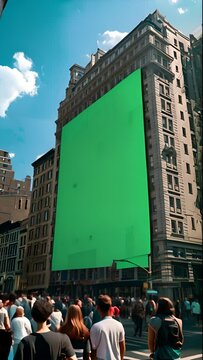 a giant green screen like a billboard on the building in the city ,generative ai