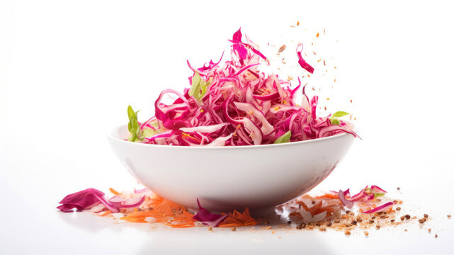 Salad of chopped red cabbage in a bowl on a white background