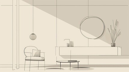 Modern minimalistic interior design illustration with white armchair and decorative plants