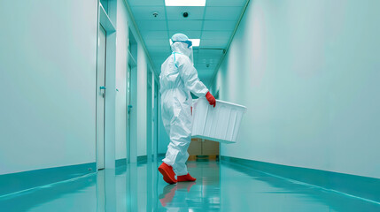 Hospital Worker in Protective Clothing Disposing of Clinical Waste