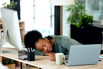 Sleeping, burnout or tired businesswoman in office overwhelmed by deadlines with fatigue. Technology, lazy worker, or exhausted African consultant resting in nap or overtime with stress or coffee