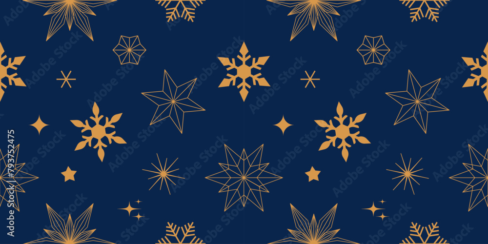 Aufkleber seamless pattern with christmas elements, snowflakes and stars on dark blue background for wrapping 