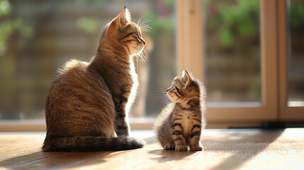 Two cats are sitting next to each other, one of which is a kitten