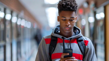 Teenage african american Boy with Backpack texting on Smartphone in hallway at high school Hallway