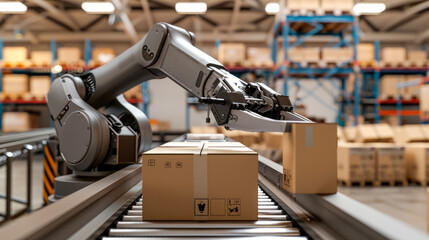Automation factory concept with robotic arm with boxes on conveyor line in warehouse.