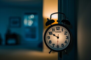 Time-lapse red alarm clock The running time. and white wallpaper background.. Beautiful simple AI generated image in 4K, unique.