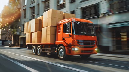 Delivery Truck in Action Transporting Cardboard Boxes