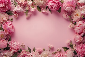 A heart shape created using pink flower petals on a matching pink background banner, happy mother's day