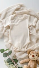 Mockup of white cotton baby bodysuit with teddy bear and eucalyptus on ivory blanket