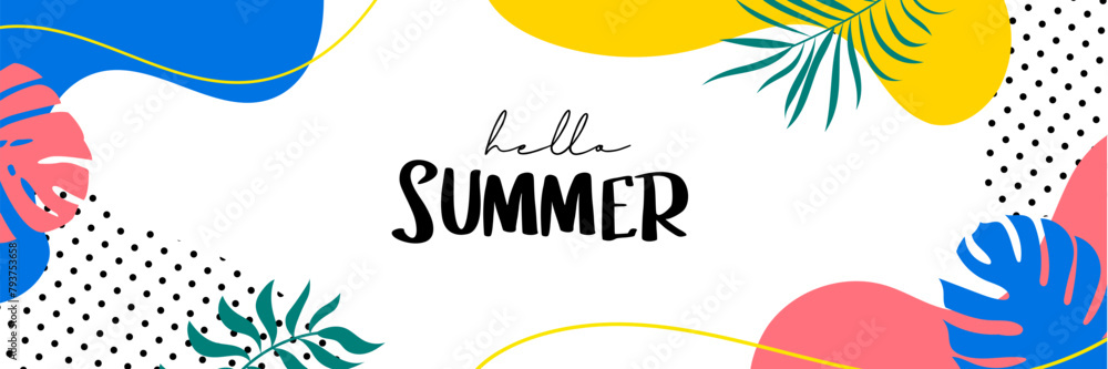 Poster hello summer banners design hand drawn style. summer with doodles and objects elements background.