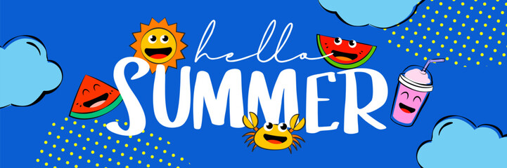 Hello summer camp poster design with fun cartoon characters. © kaisorn