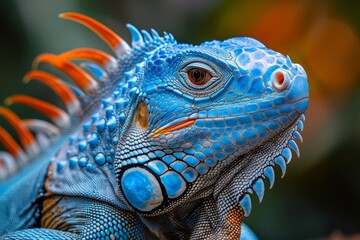 Fototapeta premium Blue Iguana: Basking in sunlight with vivid blue scales, symbolizing exotic beauty