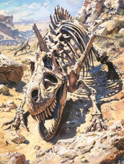 An evocative illustration portraying a behemoth dinosaur skeleton in a detailed desert environment, invoking a sense of ancient history. 3d rendering element of predator dinosaur fossil.